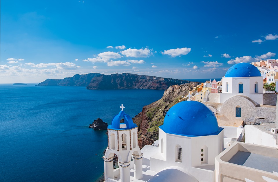 The beautiful blue roofs of a Greek village